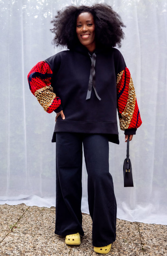 Hoodie Motema en Wax Africain – Noir & Rouge 🔥