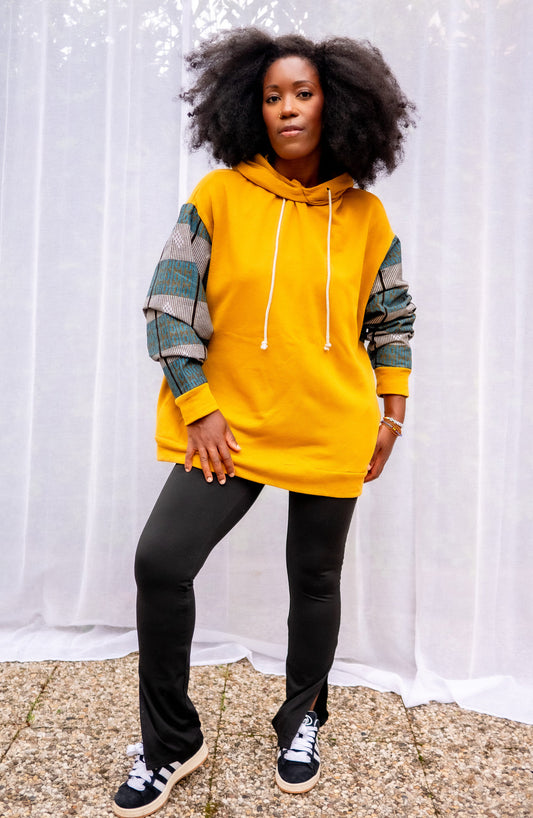 Hoodie Motima Oversize – Jaune & Wax Africain ☀️
